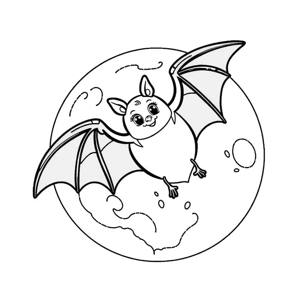 Kostenloses Ausmalbild: Eine Fledermaus fliegt am Vollmond. Schwarz-Weiß.