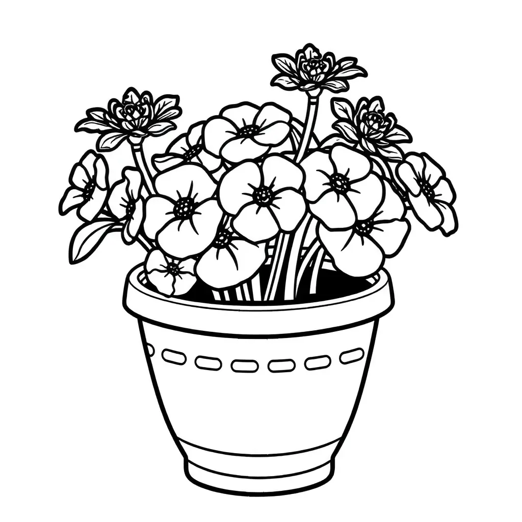 Schönes Blumenbeet im Topf – Ausmalbild für Kinder Schönes Blumenbeet im Topf – Ausmalbild für Kinder