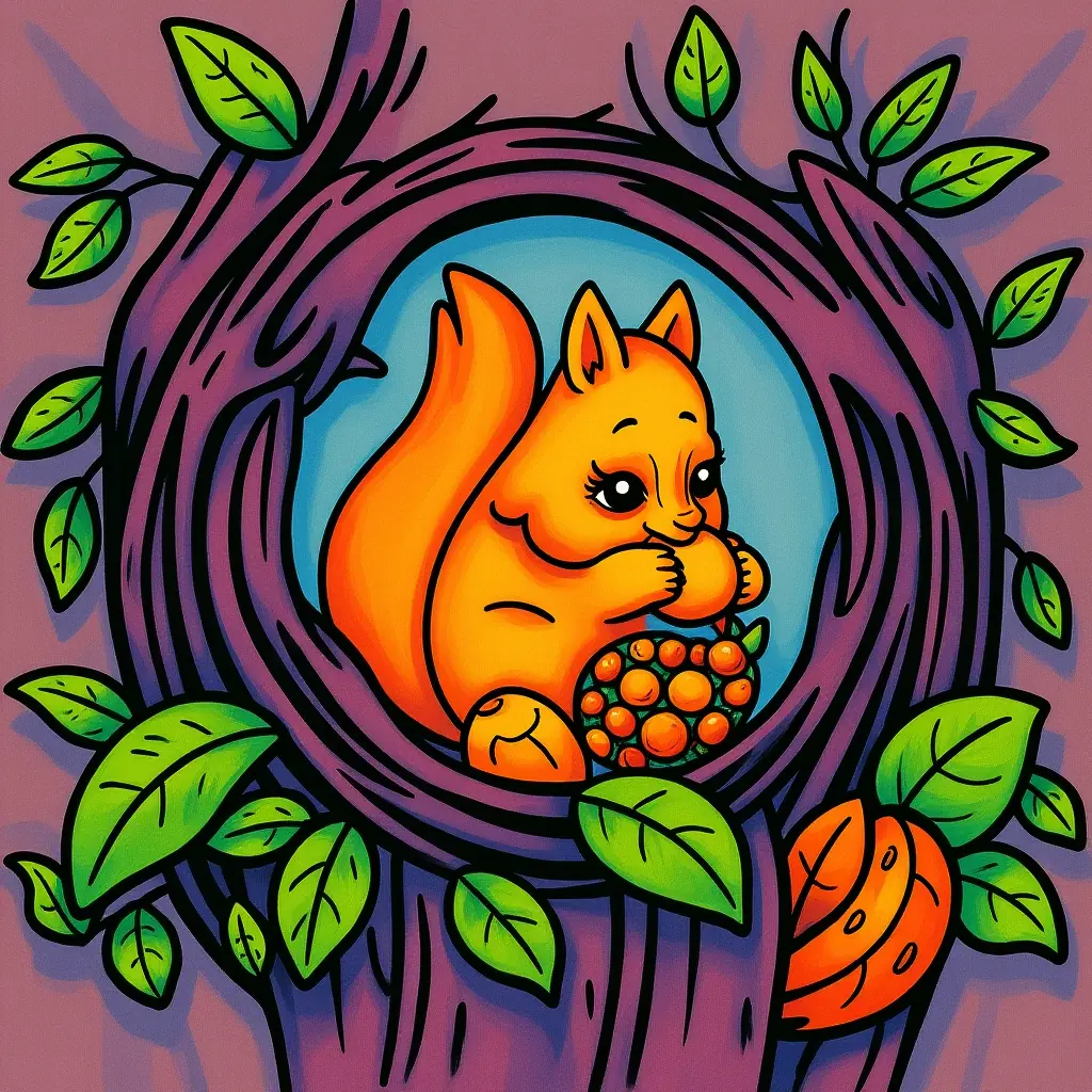 Eine farbige Vorschau des Ausmalbilds mit einem Eichhörnchen und Herbstblättern. Eine farbige Vorschau des Ausmalbilds mit einem Eichhörnchen und Herbstblättern.