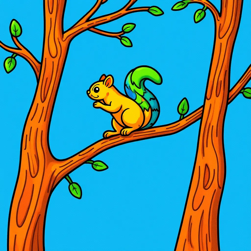 Ein farbiges Eichhörnchen springt zwischen Baumzweigen - eine lustige Ausmalvorlage. Ein farbiges Eichhörnchen springt zwischen Baumzweigen - eine lustige Ausmalvorlage.