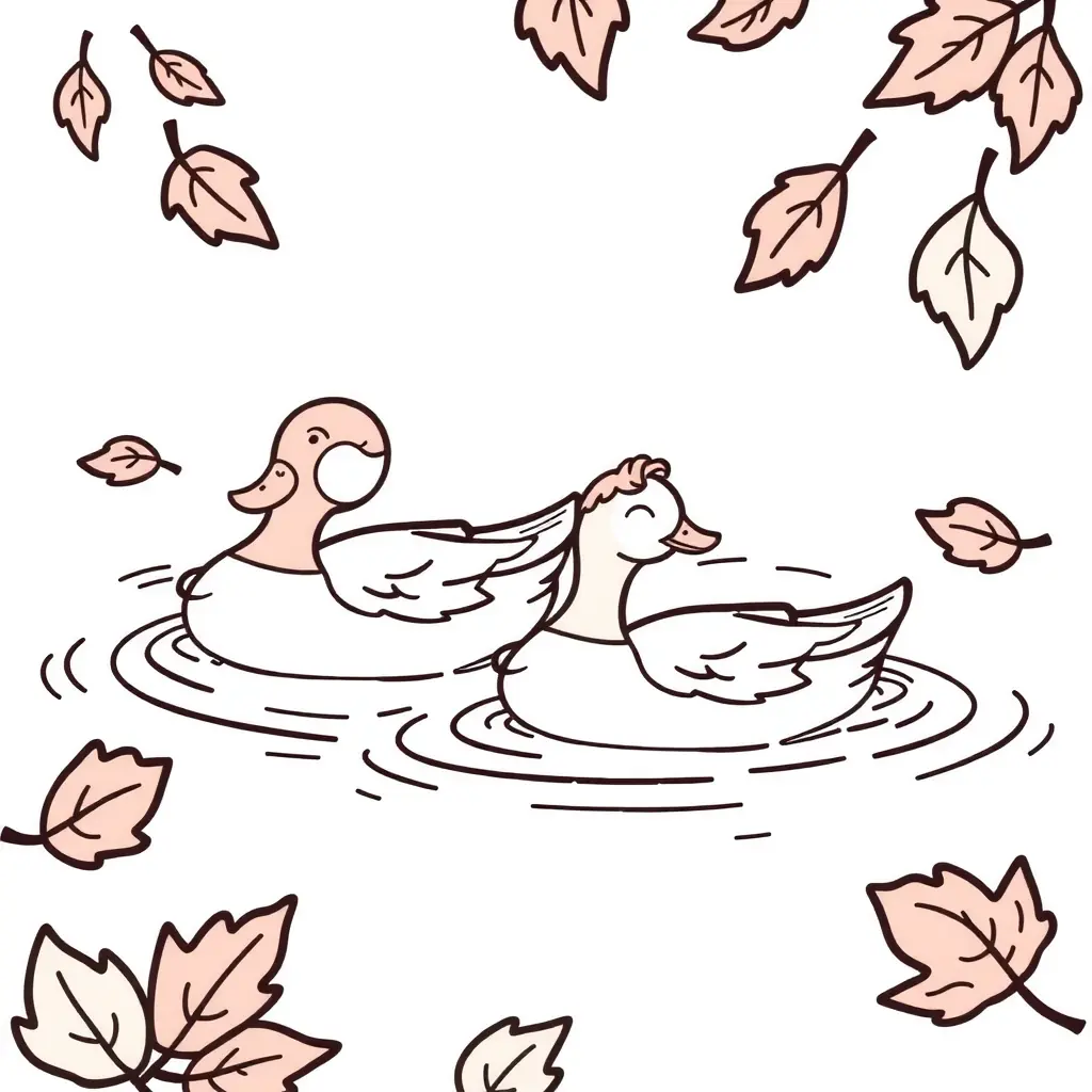 Entspannendes Schwarz-Weiß-Ausmalbild von Enten im Teich mit fallenden Blättern. Entspannendes Schwarz-Weiß-Ausmalbild von Enten im Teich mit fallenden Blättern.