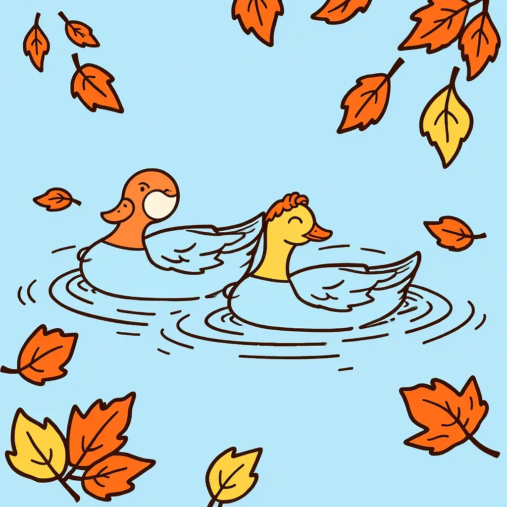 Ein farbenfrohes Ausmalbild von Enten in einem Teich mit fallenden Blättern. Ein farbenfrohes Ausmalbild von Enten in einem Teich mit fallenden Blättern.