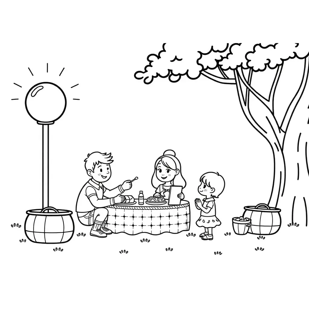 Malvorlage Weltkindertag 2025 eine Familie picknickt im Park