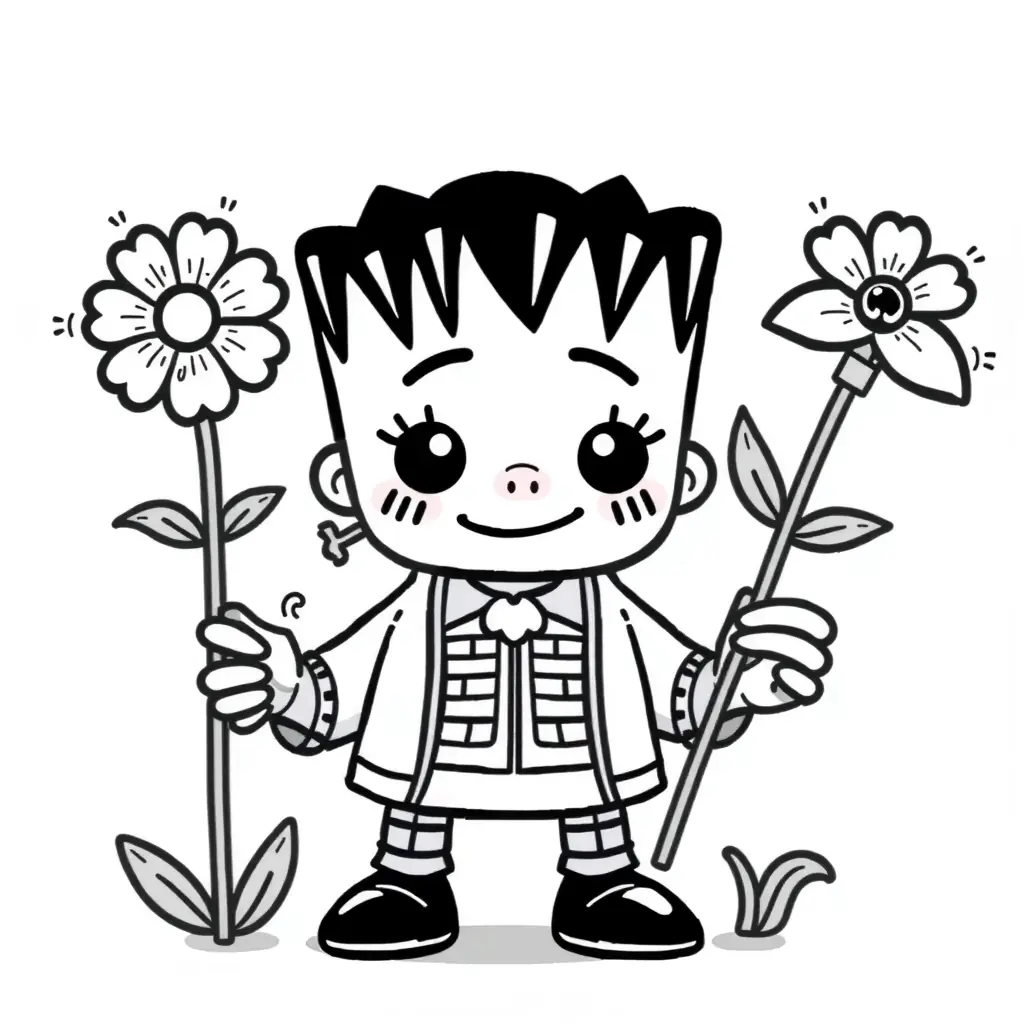 Cute Frankenstein monster holding a flower, black and white coloring page Cute Frankenstein monster holding a flower, black and white coloring page