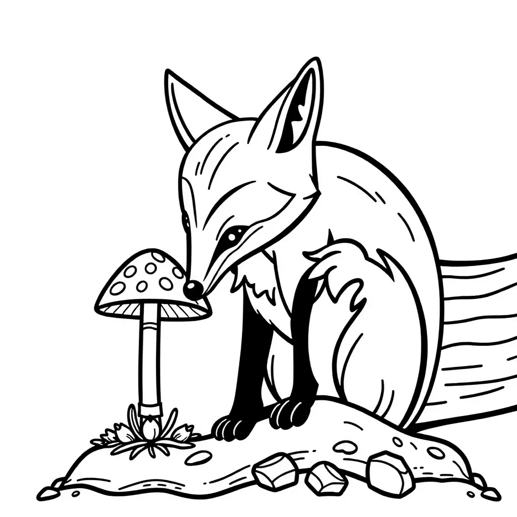 Ausmalbild Fuchs schnuppert Pilz – Schwarzweiß, einfach, kinderfreundlich Ausmalbild Fuchs schnuppert Pilz – Schwarzweiß, einfach, kinderfreundlich