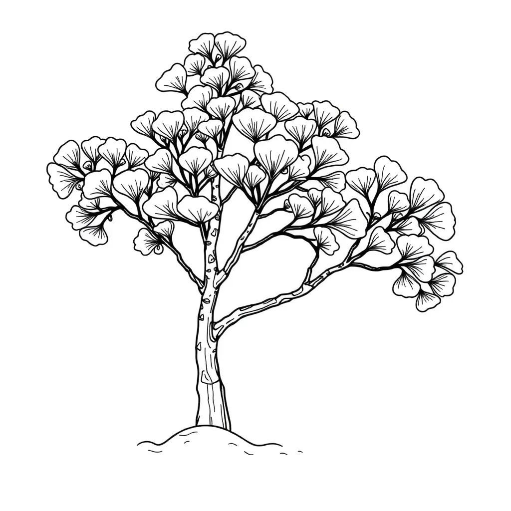 Schönes, schlichtes Ausmalbild von einem Ginkgo Baum im Winter.