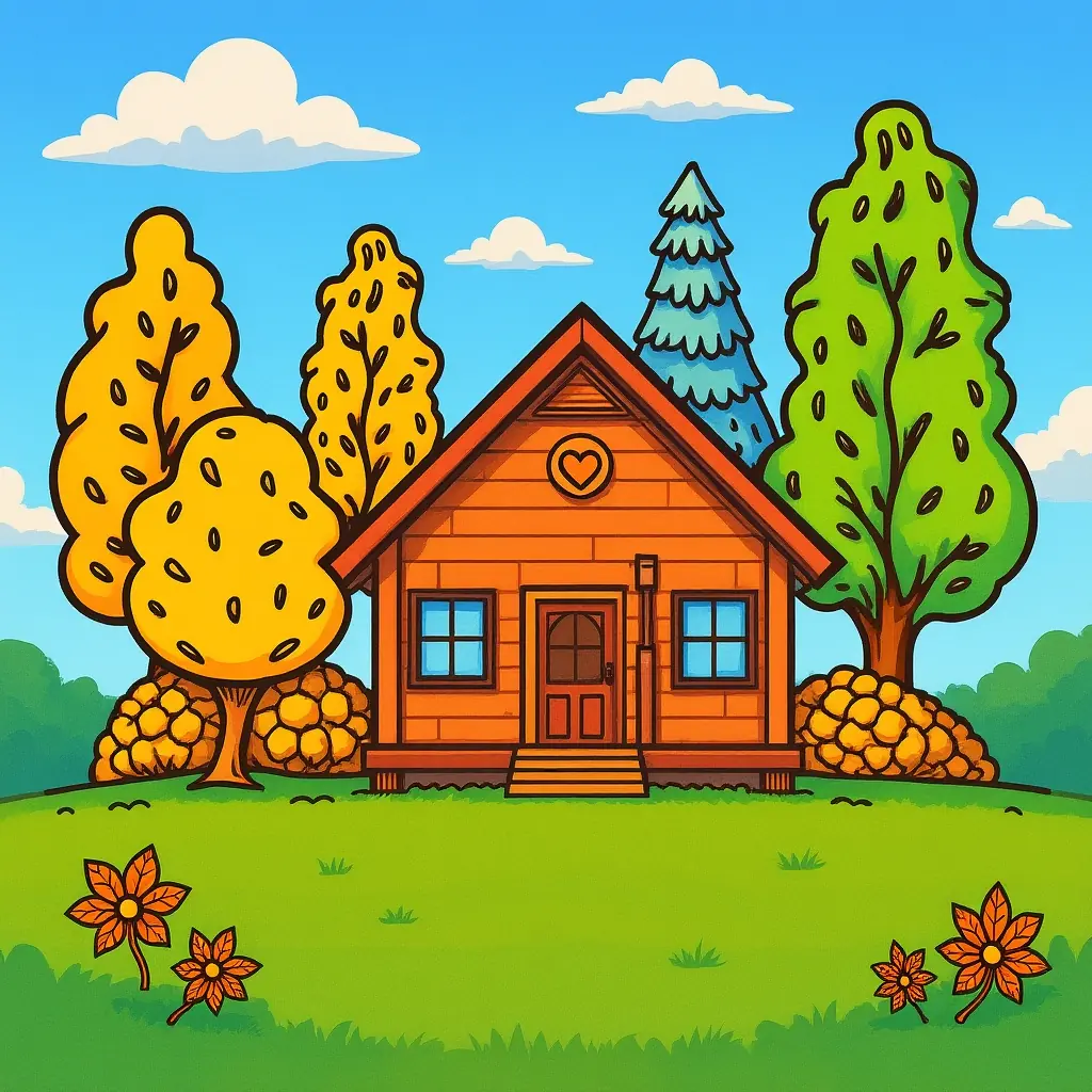 Ausmalbild – Hütte im Herbstwald Ausmalbild – Hütte im Herbstwald