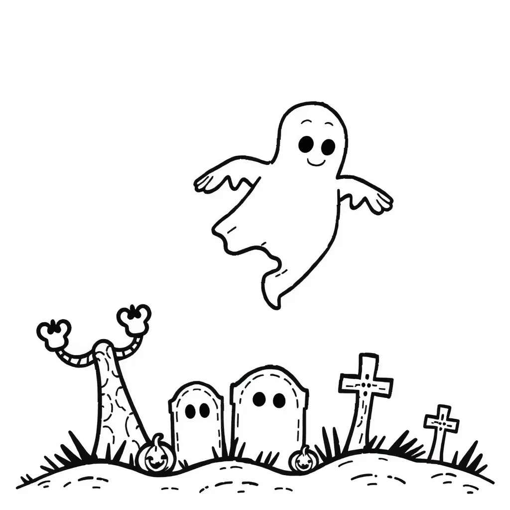 Schwarz-Weiß Ausmalbild: Ein Geist schwebt Halloween über einem alten Friedhof. Schwarz-Weiß Ausmalbild: Ein Geist schwebt Halloween über einem alten Friedhof.