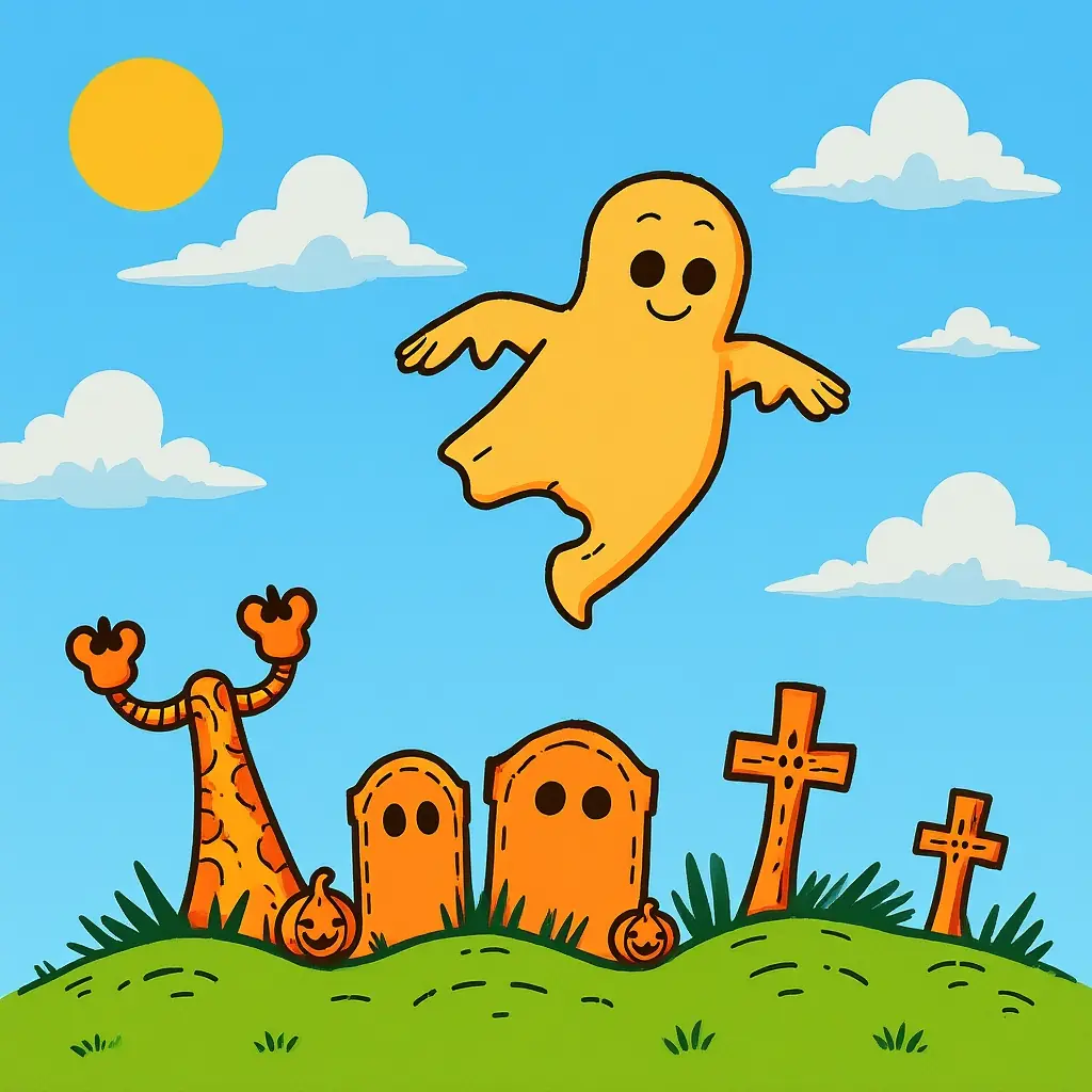 Halloween Farbige Vorschau: Ausmalbild des Geistes auf dem Friedhof Halloween Farbige Vorschau: Ausmalbild des Geistes auf dem Friedhof
