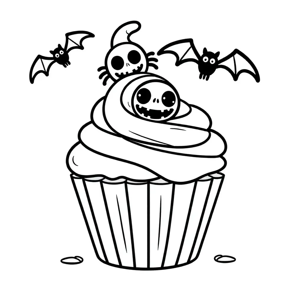 Schwarz-Weiß Halloween Cupcake Ausmalbild Schwarz-Weiß Halloween Cupcake Ausmalbild