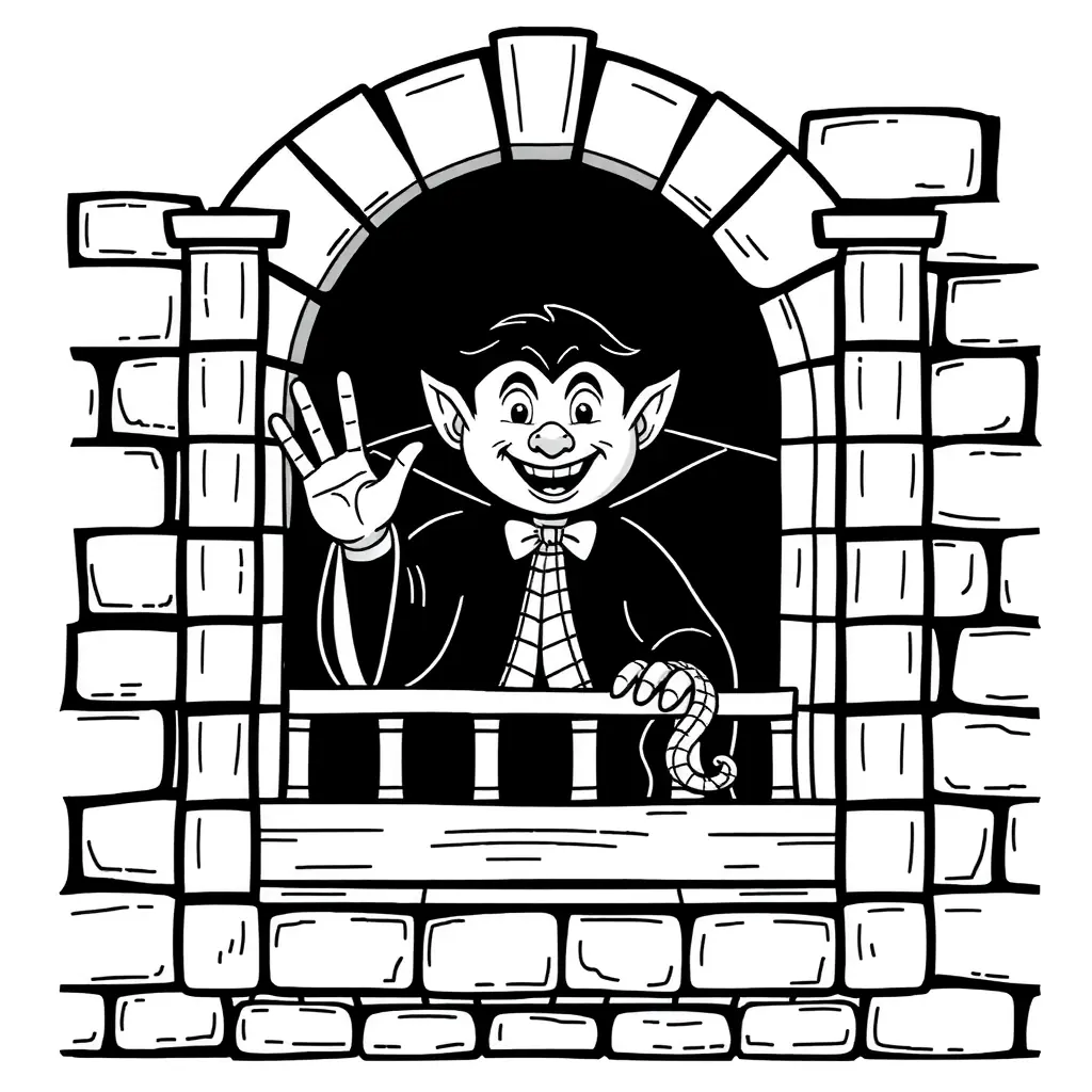 Freundlicher Halloween Vampir aus einem Schlossfenster - Schwarz-Weiß Ausmalbild Freundlicher Halloween Vampir aus einem Schlossfenster - Schwarz-Weiß Ausmalbild