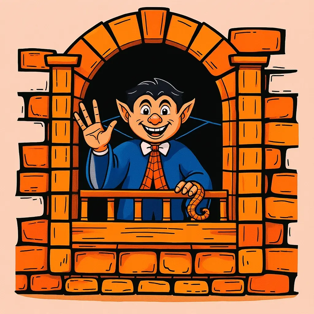 Ein freundlicher Halloween Vampir winkt fröhlich aus einem Schlossfenster. Ein freundlicher Halloween Vampir winkt fröhlich aus einem Schlossfenster.
