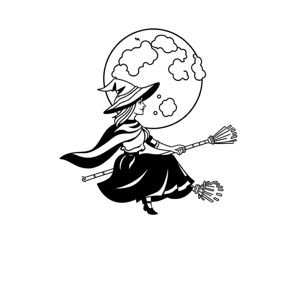 Halloween-Hexen unter dem Mond – Schwarz-Weiß Ausmalbild Halloween-Hexen unter dem Mond – Schwarz-Weiß Ausmalbild