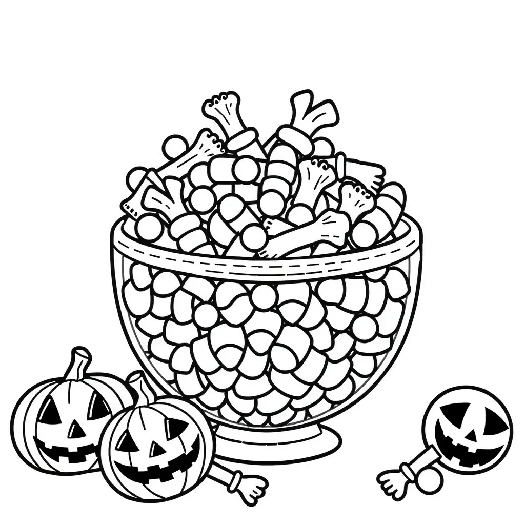 Schlucker mit Süßigkeiten – Kostenloses Halloween Ausmalbild. Schlucker mit Süßigkeiten – Kostenloses Halloween Ausmalbild.