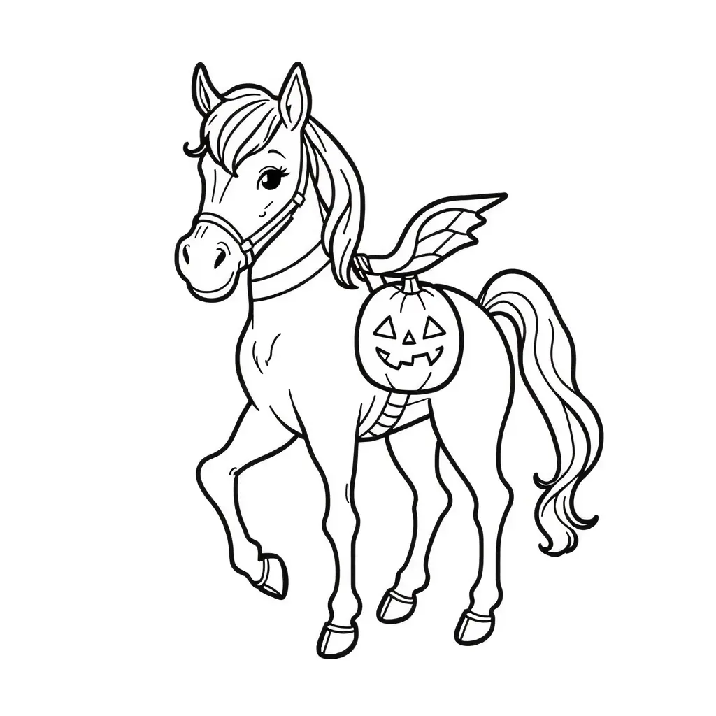 Halloween Ausmalbild: Ein niedlicher Pferd zum Ausmalen. Einfach und spaßig für Kinder. Halloween Ausmalbild: Ein niedlicher Pferd zum Ausmalen. Einfach und spaßig für Kinder.
