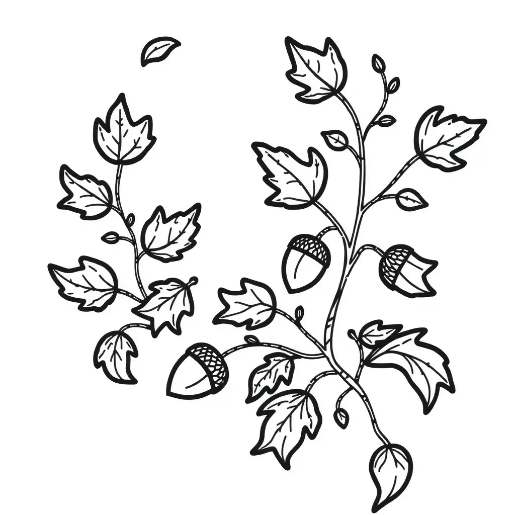 Schwarz-Weiß Ausmalbild: Herbstblätter, Eicheln und Zweige – Ideal zum Ausmalen! Schwarz-Weiß Ausmalbild: Herbstblätter, Eicheln und Zweige – Ideal zum Ausmalen!
