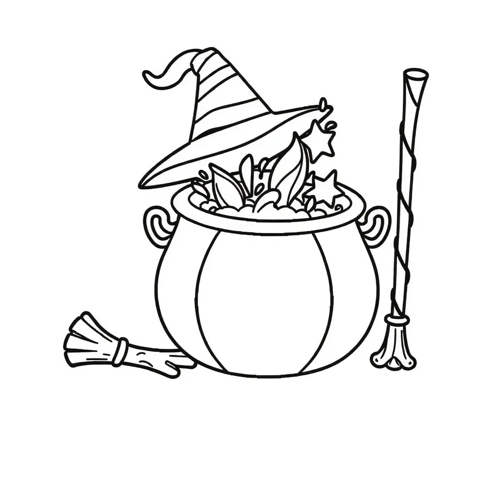 Schwarz-Weiß Ausmalbild Hexenkessel für Kinder. Schwarz-Weiß Ausmalbild Hexenkessel für Kinder.