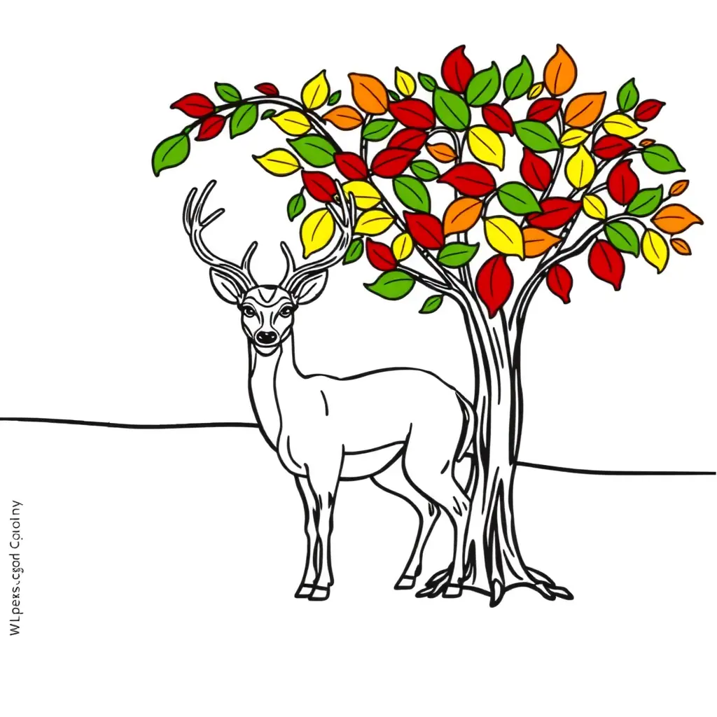 Elegantes Ausmalbild eines Hirschs unter einem Herbstbaum - Schwarz-Weiß Ausmalseite Elegantes Ausmalbild eines Hirschs unter einem Herbstbaum - Schwarz-Weiß Ausmalseite