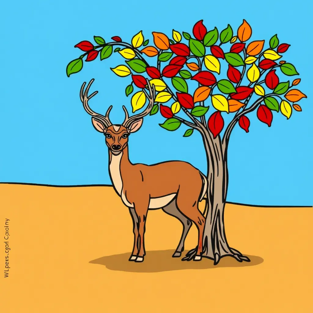 Schwarz-Weiß Ausmalbild Hirsch Herbstbaum Schwarz-Weiß Ausmalbild Hirsch Herbstbaum