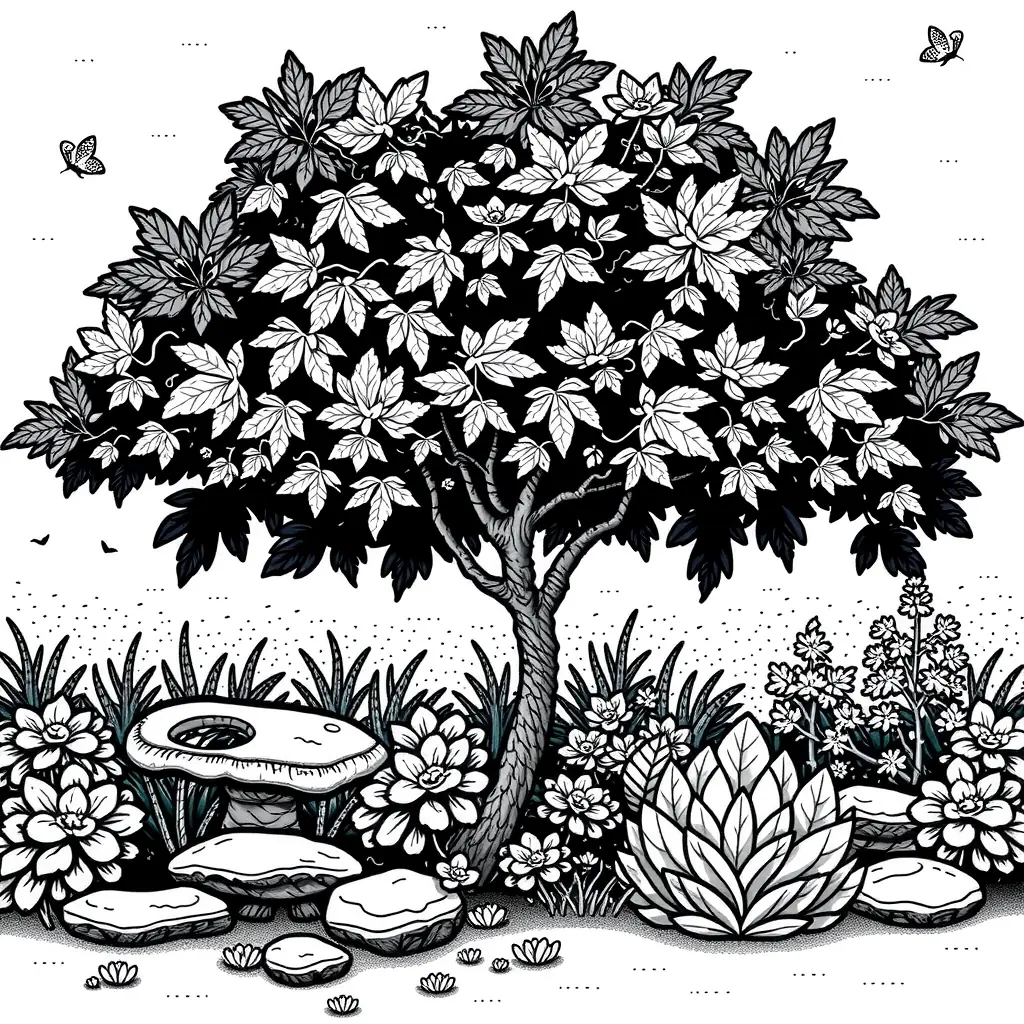 Japanischer Ahornbaum Ausmalbild im Schwarz-Weiß für Kinder – Kostenlos zum Ausdrucken.