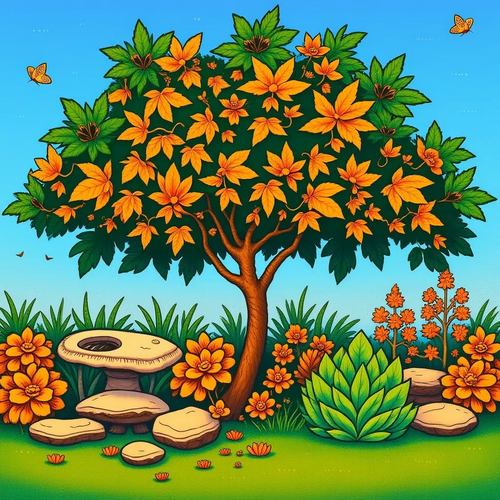 Schönes japanisches Ahornbaum Ausmalbild für Kinder im Stil einer Schwarz-Weiß-Illustration.