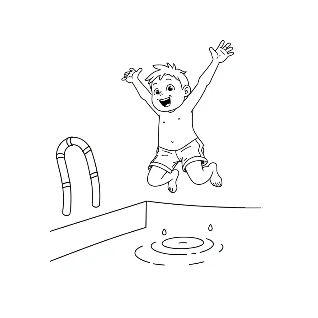 Malvorlage Weltkindertag 2025 ein Junge springt in einen Pool