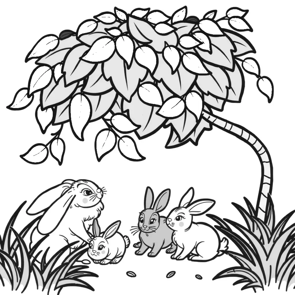 Ausmalbild Kaninchen unter Büschel, Schwarz-Weiß, einfache Gestaltung. Ausmalbild Kaninchen unter Büschel, Schwarz-Weiß, einfache Gestaltung.