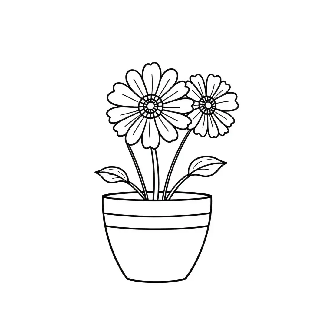 Ein schlichtes Schwarz-Weiß-Ausmalbild einer Kornblume, die in einer grünen Schale steht. Die Details sind einfach, aber ansprechend. Ein schlichtes Schwarz-Weiß-Ausmalbild einer Kornblume, die in einer grünen Schale steht. Die Details sind einfach, aber ansprechend.