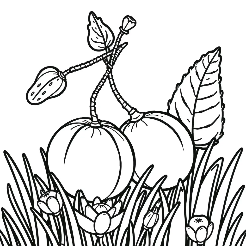 Einfaches, schwarzes und weißes Ausmalbild eines Kürbisses in einer Wiese. Perfekt für Ausmalen. Einfaches, schwarzes und weißes Ausmalbild eines Kürbisses in einer Wiese. Perfekt für Ausmalen.