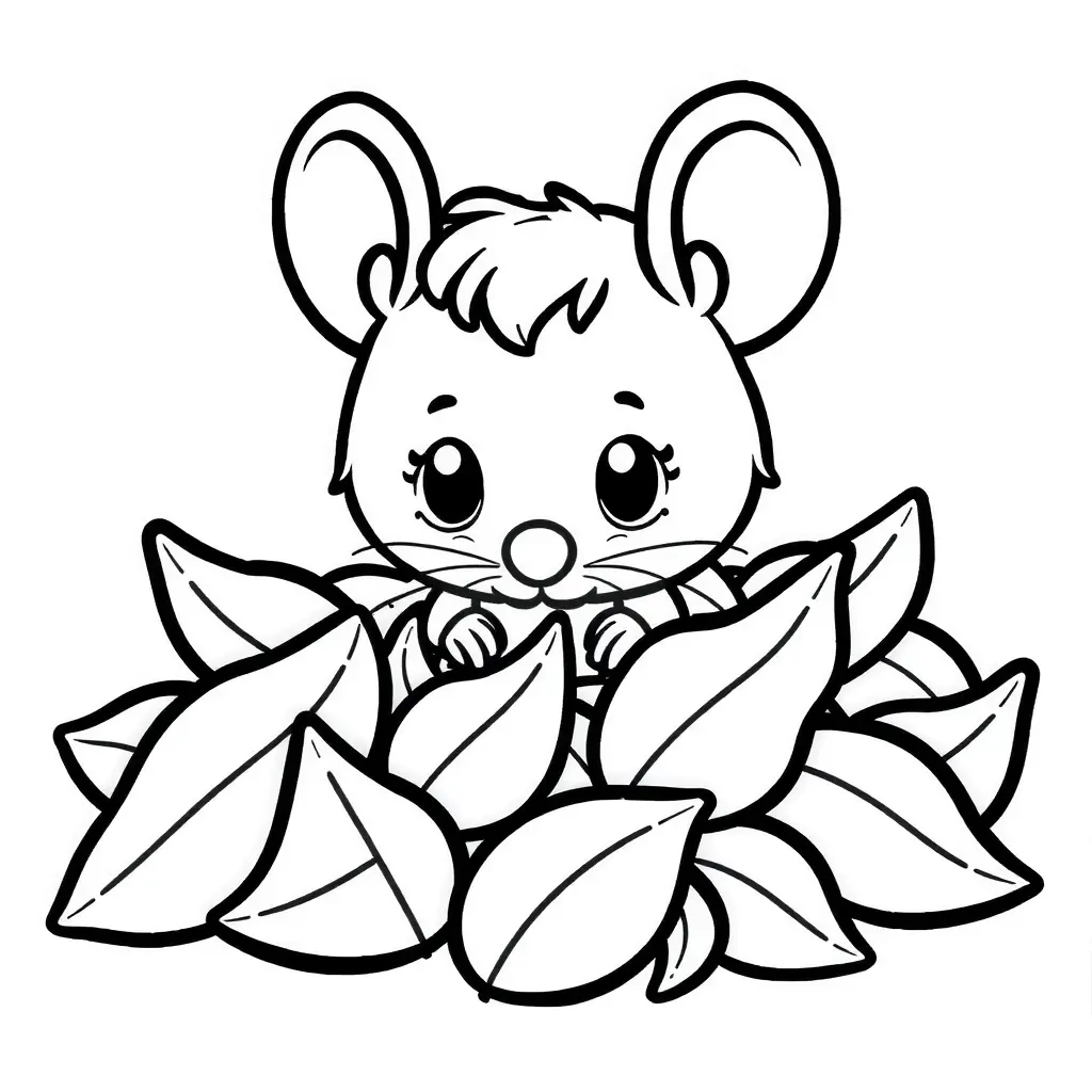 Ein niedliches Ausmalbild von einem Mäuschen, das in einem Blattknäuel versteckt ist. Perfekt für Kinder. Ein niedliches Ausmalbild von einem Mäuschen, das in einem Blattknäuel versteckt ist. Perfekt für Kinder.