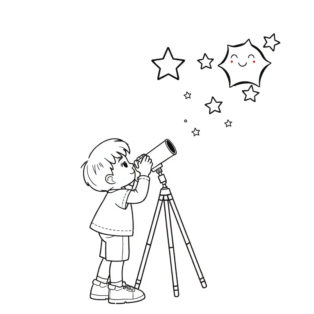 Kostenloses Schwarzweiß Ausmalbild zum Weltkindertag: Junge am Teleskop. Kostenloses Schwarzweiß Ausmalbild zum Weltkindertag: Junge am Teleskop.