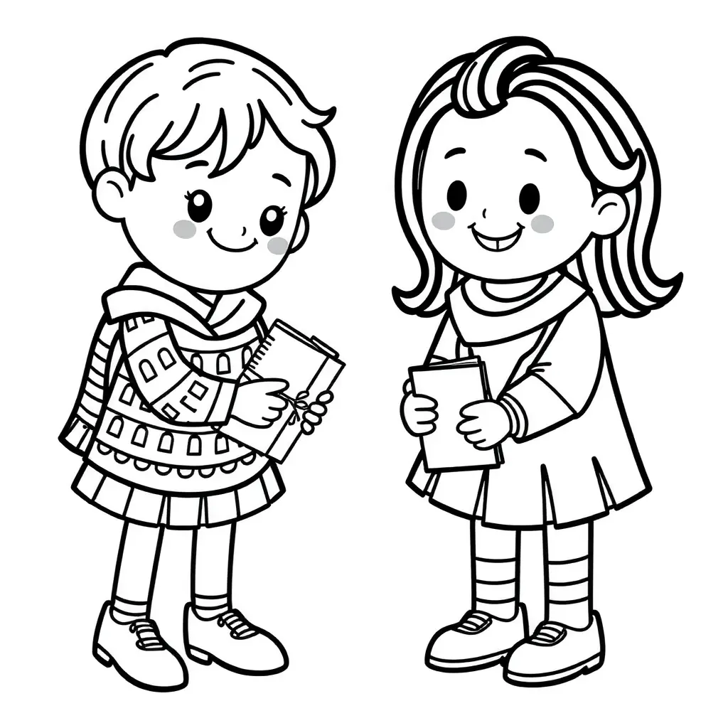 Schwarz-Weiß Ausmalbild von Kindern, die eine Zeichnung austauschen. Schwarz-Weiß Ausmalbild von Kindern, die eine Zeichnung austauschen.