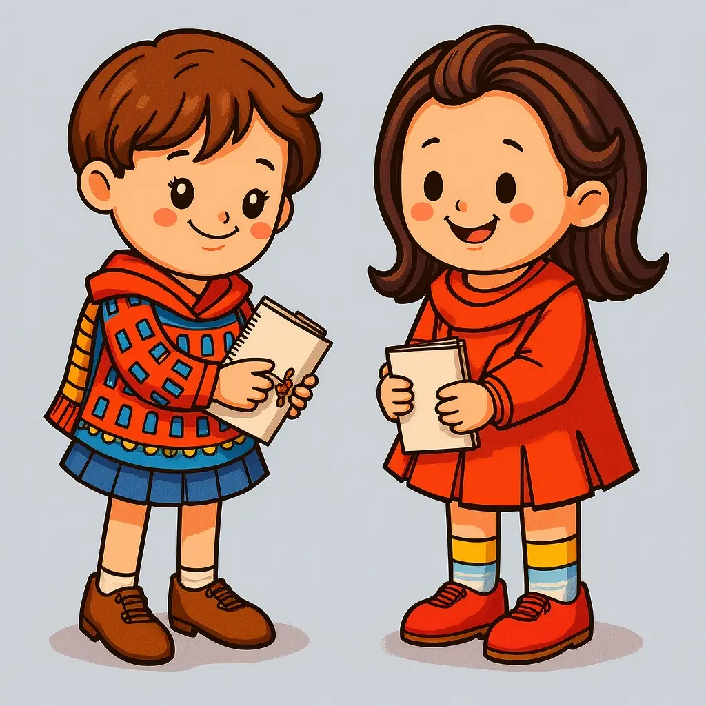 Ausmalbild zum Weltkindertag von zwei Kindern, die Zeichnungen austauschen. Ausmalbild zum Weltkindertag von zwei Kindern, die Zeichnungen austauschen.