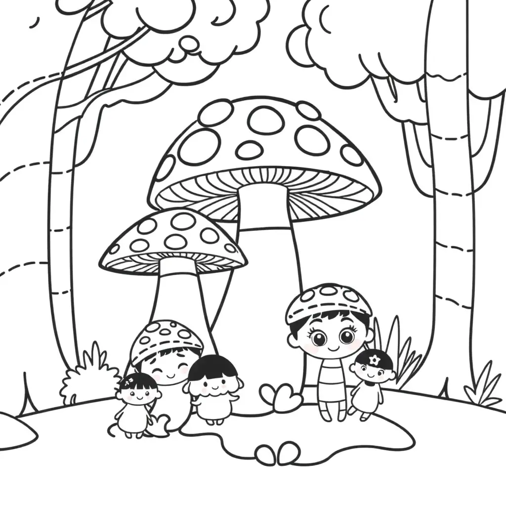 Eine fröhliche Pilzfamilie zum Ausmalen. Schwarz-Weiß Ausmalbild für Kinder. Eine fröhliche Pilzfamilie zum Ausmalen. Schwarz-Weiß Ausmalbild für Kinder.