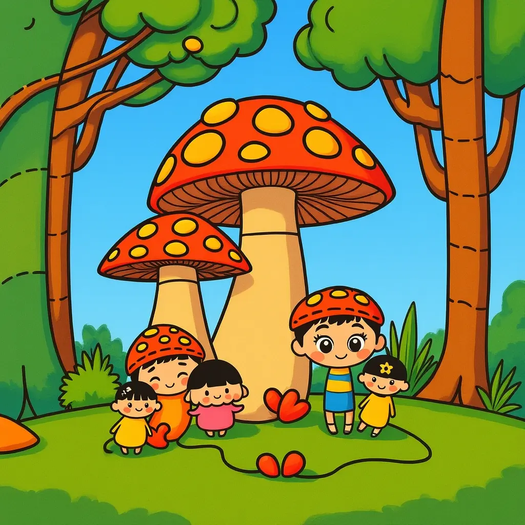 Eine fröhliche Pilzfamilie in einer farbigen Vorschau zum Ausmalen. Eine fröhliche Pilzfamilie in einer farbigen Vorschau zum Ausmalen.