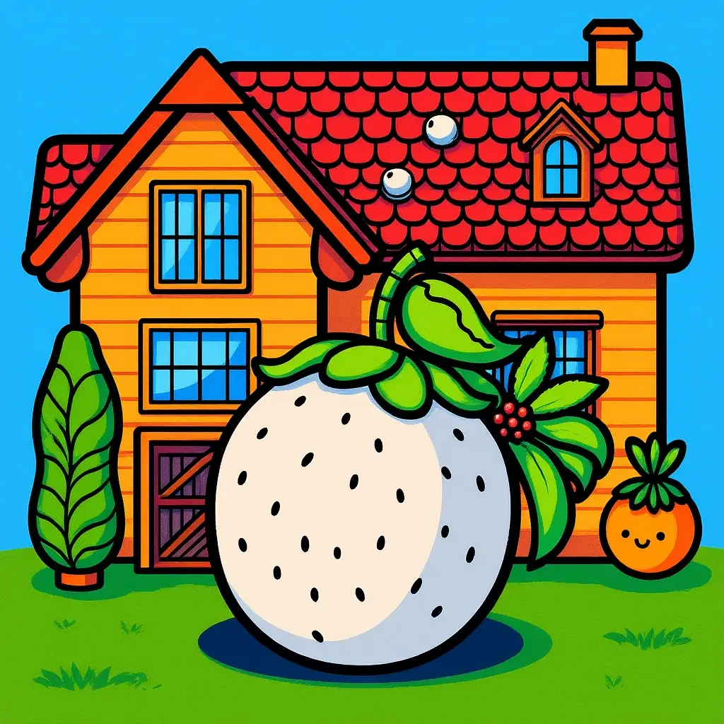 Süße Frucht vor einem farbigen Haus - ein Ausmalbild für Kinder. Süße Frucht vor einem farbigen Haus - ein Ausmalbild für Kinder.