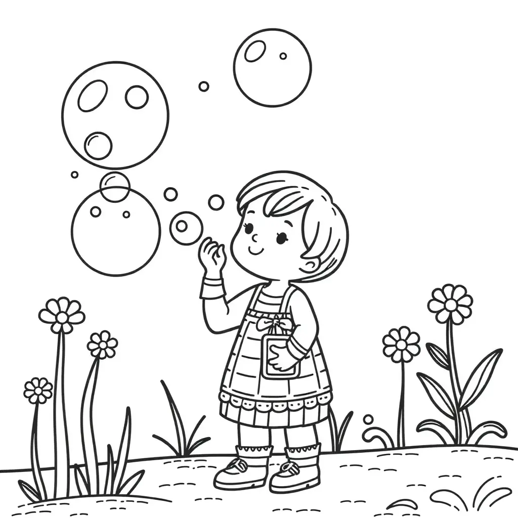Malvorlage Weltkindertag 2025 ein Mädchen pustet Seifenblasen im Garten