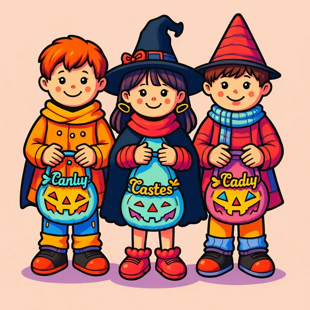 Ausmalbild: Drei Kinder mit Süßigkeitenkörben, Halloween-Motiv, Süßes oder Saures, farbige Vorschau Ausmalbild: Drei Kinder mit Süßigkeitenkörben, Halloween-Motiv, Süßes oder Saures, farbige Vorschau