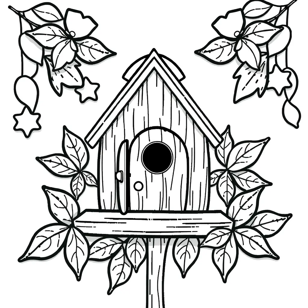 Schönes Schwarz-Weiß Ausmalbild von einem Vogelhaus mit herabfallenden Blättern, ideal für Kinder zum Ausmalen. Schönes Schwarz-Weiß Ausmalbild von einem Vogelhaus mit herabfallenden Blättern, ideal für Kinder zum Ausmalen.