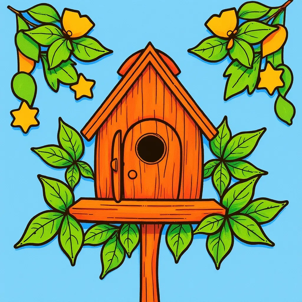 Klassisches Ausmalbild eines Vogelhauses mit Herbstblättern. Perfekt für eine entspannende Ausmalaktivität. Klassisches Ausmalbild eines Vogelhauses mit Herbstblättern. Perfekt für eine entspannende Ausmalaktivität.