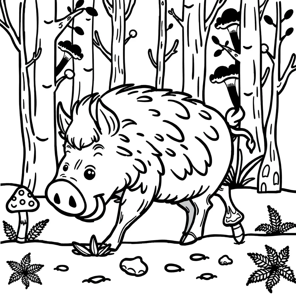 Ausmalbild Wildschwein im Wald, Schwarz-Weiß, Natur, Tiere, Ausmalvorlage Ausmalbild Wildschwein im Wald, Schwarz-Weiß, Natur, Tiere, Ausmalvorlage