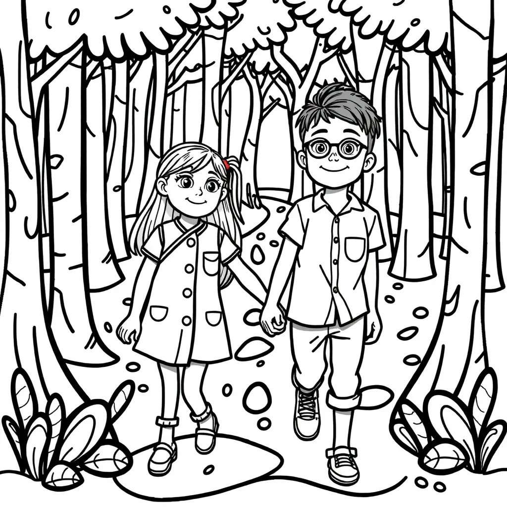 Zwei Kinder halten sich die Hand und schlendern durch einen mystischen Wald. Perfekt zum Ausmalen!