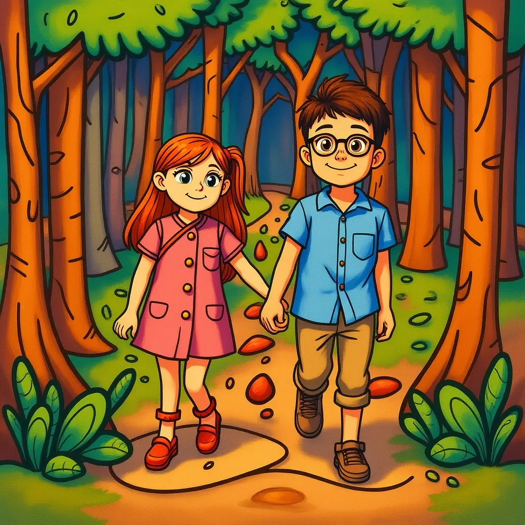 Zwei Kinder erkunden gemeinsam einen Wald und laden zum Ausmalen ein.