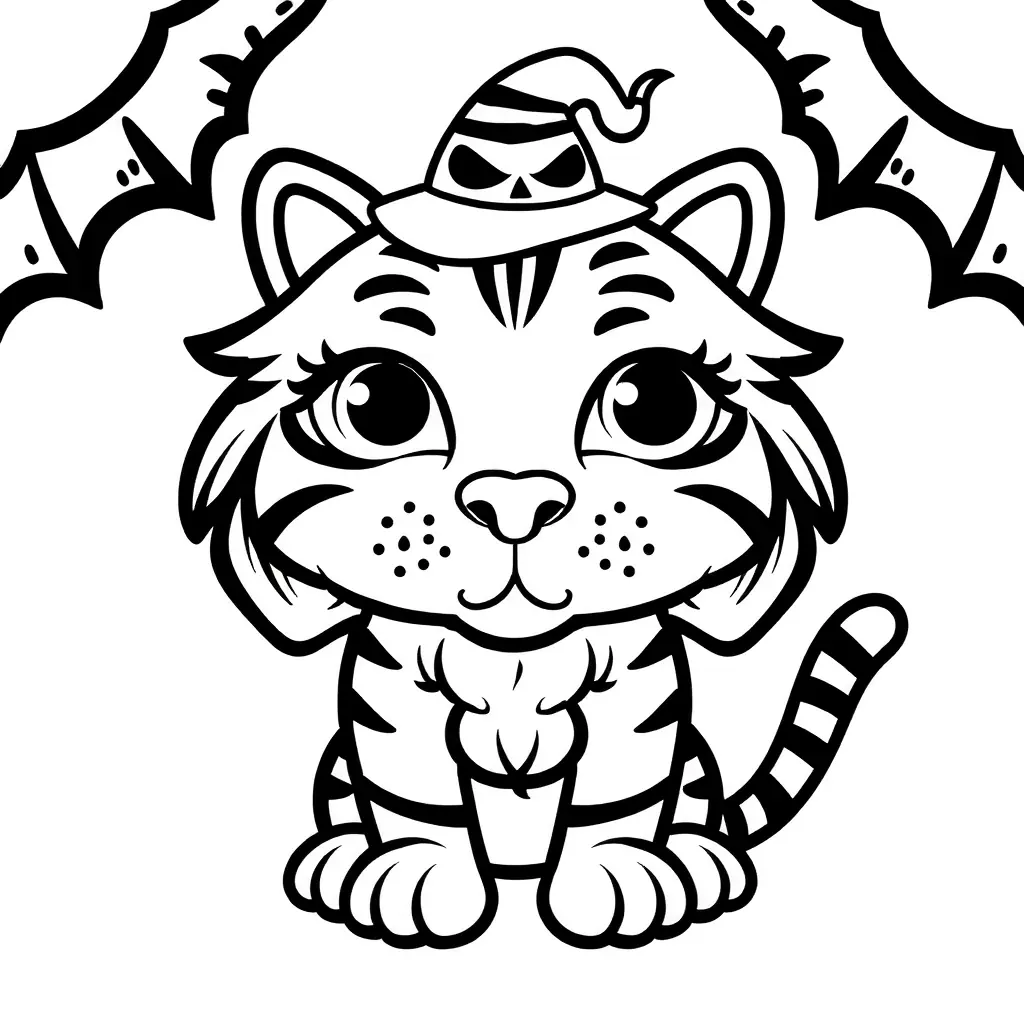 Einfaches, schwarz-weißes Halloween-Ausmalbild mit einem freundlichen Dschungeltiger. Einfaches, schwarz-weißes Halloween-Ausmalbild mit einem freundlichen Dschungeltiger.