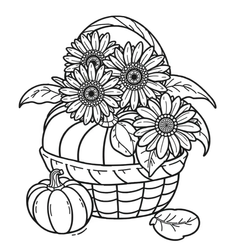 Ausmalbild von Kürbissen und Sonnenblumen – Schwarz-Weiß Ausmalbild Ausmalbild von Kürbissen und Sonnenblumen – Schwarz-Weiß Ausmalbild