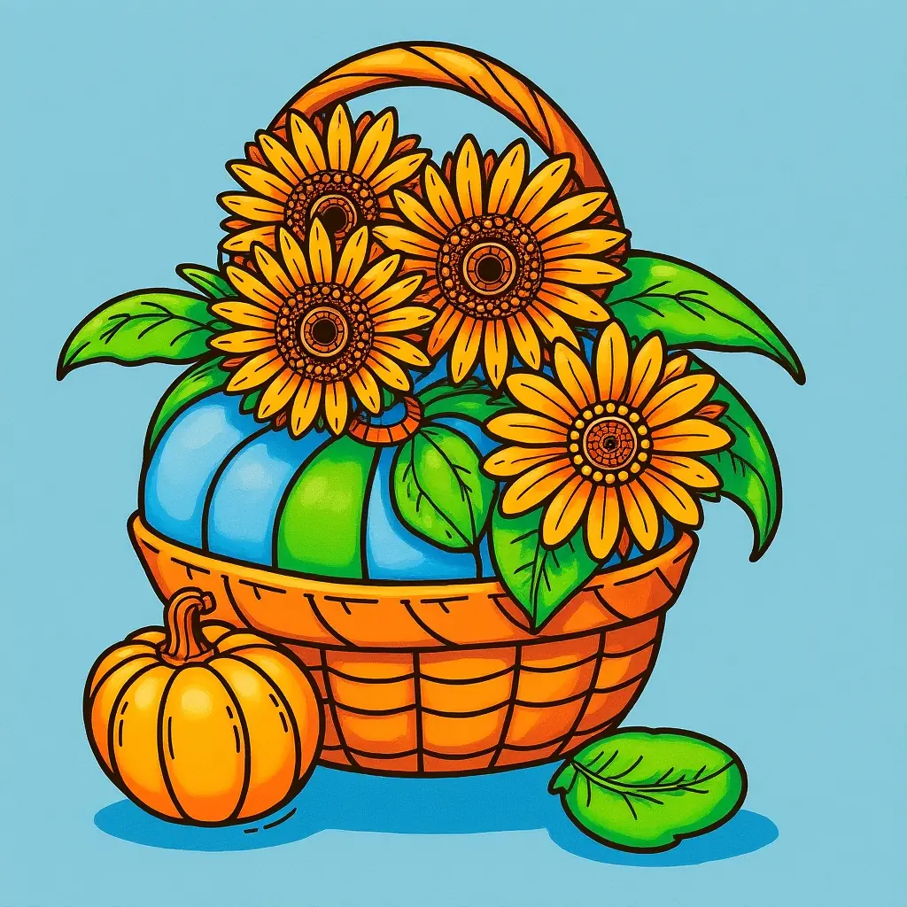 Ausmalbild von Kürbissen und Sonnenblumen – Farbige Ausmalbildvorschau Ausmalbild von Kürbissen und Sonnenblumen – Farbige Ausmalbildvorschau