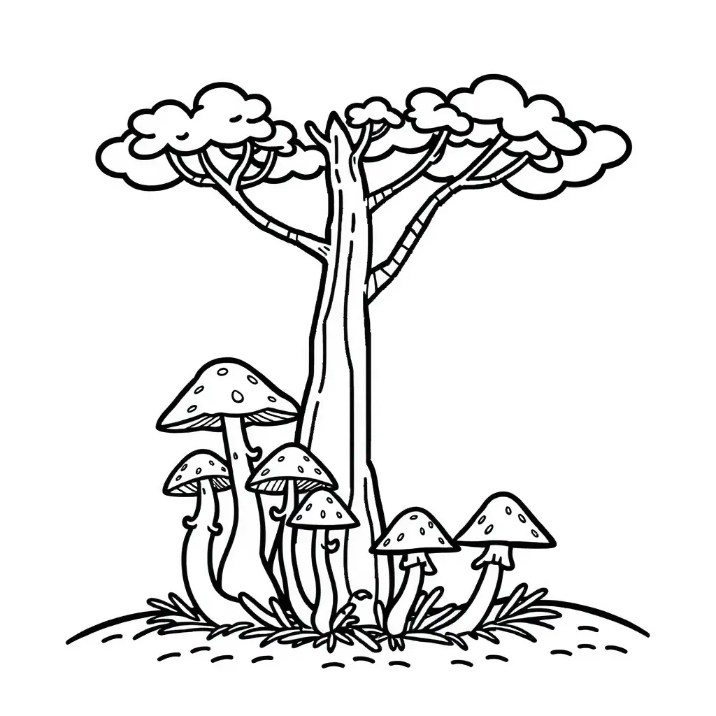 Ein tolles, schlichtes Ausmalbild von sprechenden Pilzen unter einem Baum. Ein tolles, schlichtes Ausmalbild von sprechenden Pilzen unter einem Baum.