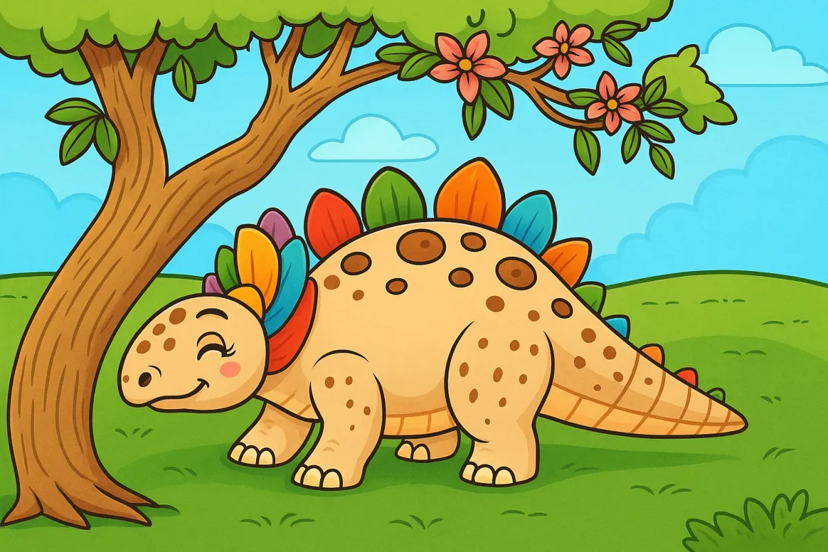 Ausmalbild eines lächelnden Dinosauriers mit Rückenplatten, der unter einem blühenden Baum auf einer Wiese steht.