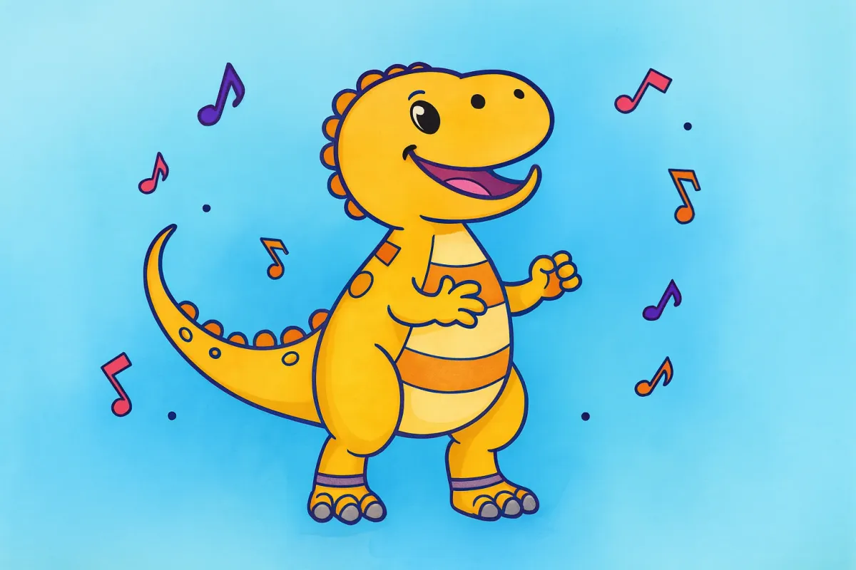 Niedliches Ausmalbild eines fröhlich tanzenden Dinosauriers, umgeben von Musiknoten.