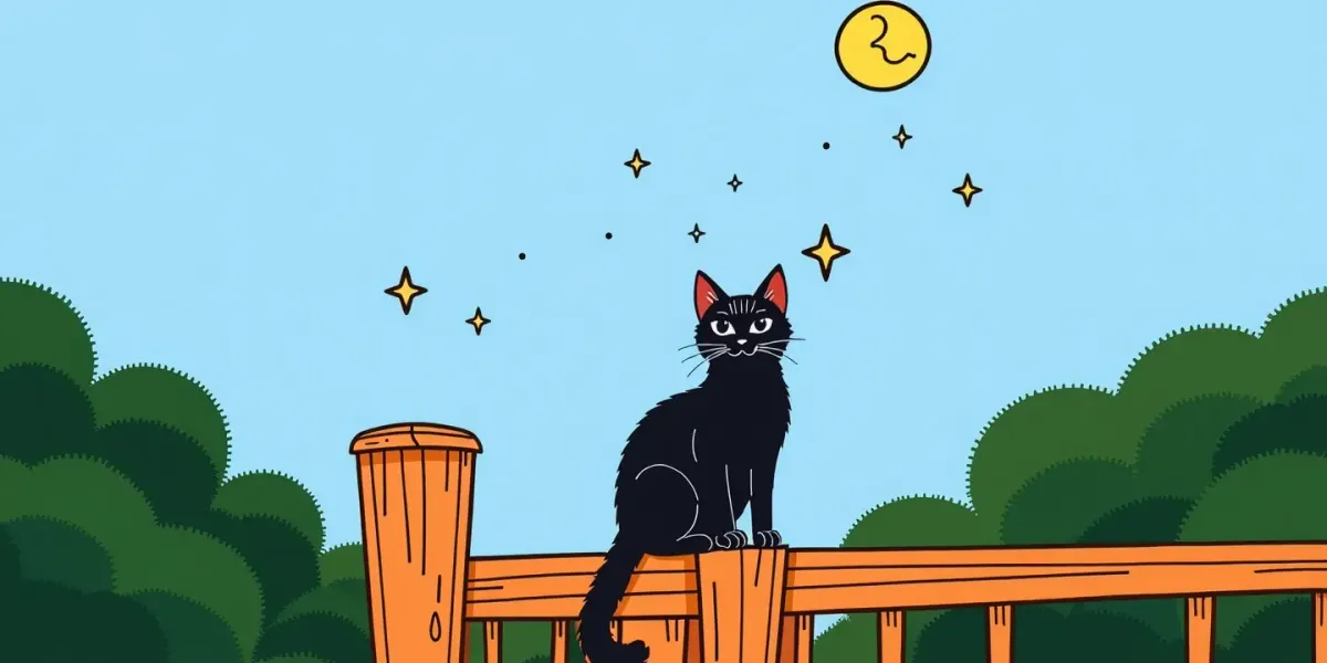 Schwarze Katze sitzt nachts auf einem Zaun.